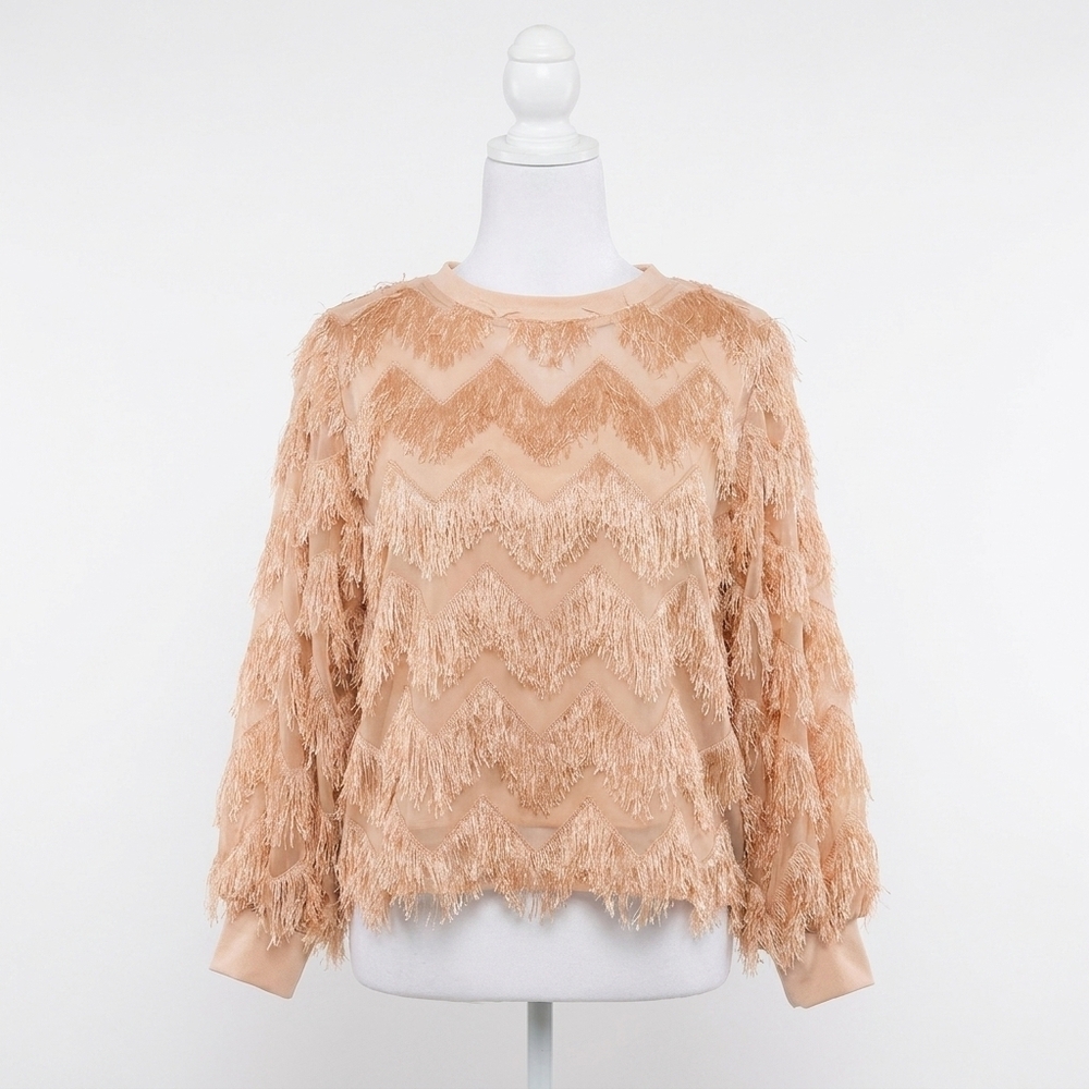 NEW VINE & LOVE fringe embellished detail boatneck blouse in taupe